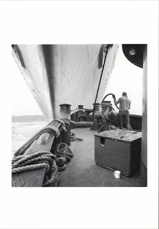 Ollie Woodcock, Deckhand, Undocking Tug Julia C. Moran on Hudson River, Looking West, New York Harbor
