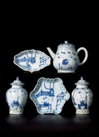 Partial Tea Service in the Imari Pavilion Pattern with a Pear-Shaped Teapot with Lid and Stand, Two Tea Caddies with Lids, and a Spoon Tray