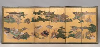 One of a pair of six-panel screens depicting twelve chapters from The Tale of Genji (Genji Monogatari)