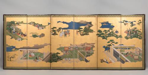 One of a pair of six-panel screens depicting twelve chapters from The Tale of Genji (Genji Monogatari)