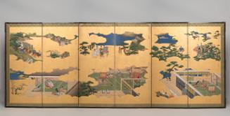 One of a pair of six-panel screens depicting twelve chapters from The Tale of Genji (Genji Monogatari)