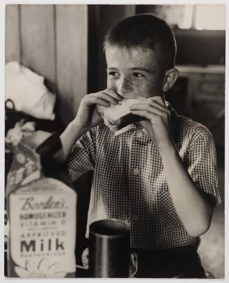 [Portrait of boy eating sandwich]