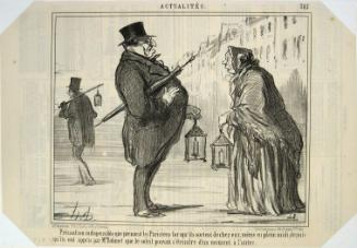 Précaution indispensable que prennent les Parisiens lorsqu’ils sortent de chez eux, même en plein midi depuis qu’ils on appris par Mr. Babinet que le soleil pouvait s’éteindre d’un moment a l’autre. [Ever since Mr. Babinet had announced that the sun might disappear from one moment to the next, the Parisians have all been taking all the necessary precautions, even at mid-day.] 
from the series Actualités, number 385, published in Le Charivari