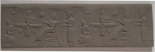 Cylinder Seal with Seated Deity, Attendant, Prostrate Attendant, and Azuramazda