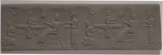 Cylinder Seal with Seated Deity, Attendant, Prostrate Attendant, and Azuramazda