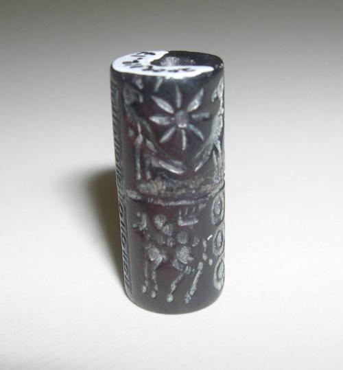 Cylinder Seal with Deity, Worshipper, and Offerings