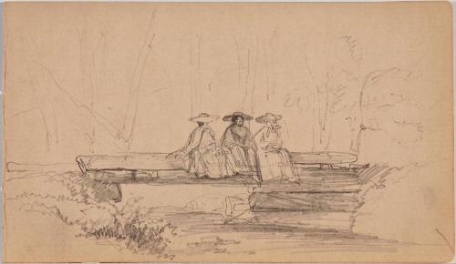 Ladies in hats sitting on a bridge