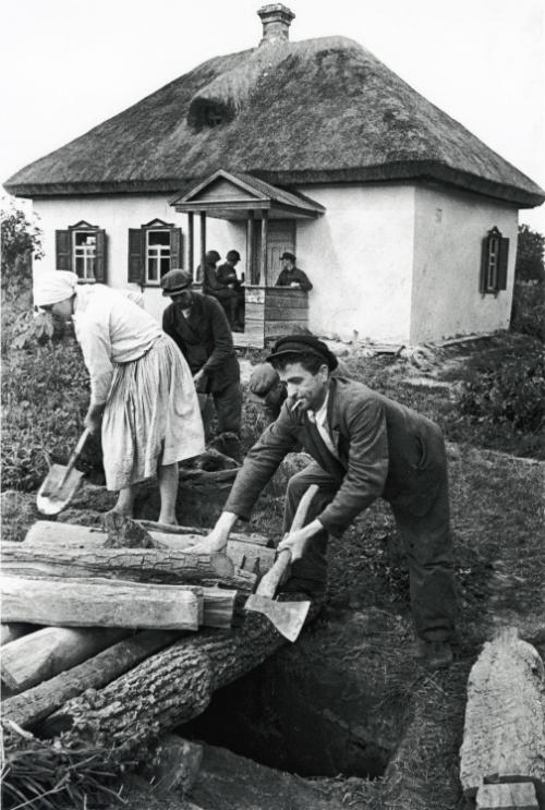 The Soklovsky Kholkhoz family builds a bomb shelter in their yard with the help of friends