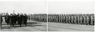 Khrushchev and Bulganin reviewing troops with the Afghan P.M., Kabul, Afghanistan