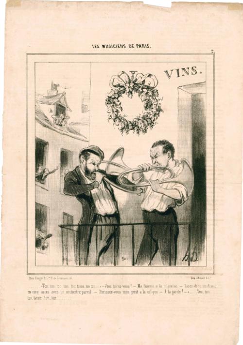 –“Ton, ton, ton, ton, ton taine, ton, ton….” –Vous tairez-vous! Ma femme a la migraine. –Lisez donc un drame en cinq actes avec un orchestre pareil. –Finissez vous mon petit à la colique. A la garde! “Ton, ton, ton taine, ton, ton……” 
[–Ton, ton, ton, ton, ton taine, ton, ton…. –Be quiet, my wife has a headache! –Why don’t you read a drama in five acts with a similar orchestra!  –Stop it… my little one is getting the colic! – Ton, ton, ton taine, ton, ton……]
from the series Les Musiciens de Paris, number 2, published in Le Charivari 