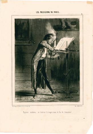 Paganini moderne, se brulant le toupet, dans le feu de l’exécution! 
[A modern Paganini…. scorching his hairpiece in the fire of his performance.]
from the series Les Musiciens de Paris, number 4, published in La Caricature (Deuxième Publication)