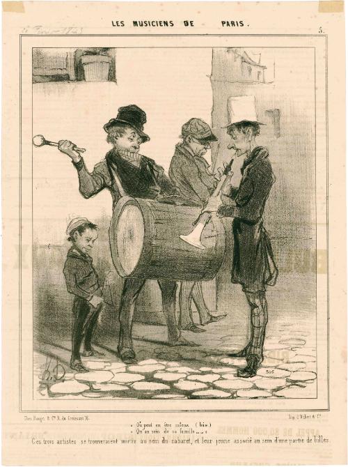 “Ou peut on être mieux (bis) “Qu’au sein de sa famille….” Ces trois artistes se trouveraient mieux a sein de cabaret, et leur jeune associé au sein d’une partie de billes. [“Where can one be happier (bis) than in the bosom of the family?” These three artists would be better off in the bosom of the cabaret, and their young associate at a game of marbles.]
from the series Les Musiciens de Paris, number 5, published in Le Charivari