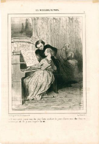 –Si vous saviez comme vous êtes jolie! faites semblant de jouer. –Taisez-vous do. –Vous ne m’aimez pas si. –Et je serai toujours! la mi. 
[–If only you knew how pretty you are! Pretend you are playing! –Be quiet do –You don’t love me! si –I’ll always be yours! la mi]
from the series Les Musiciens de Paris, number 6, published in Le Charivari 