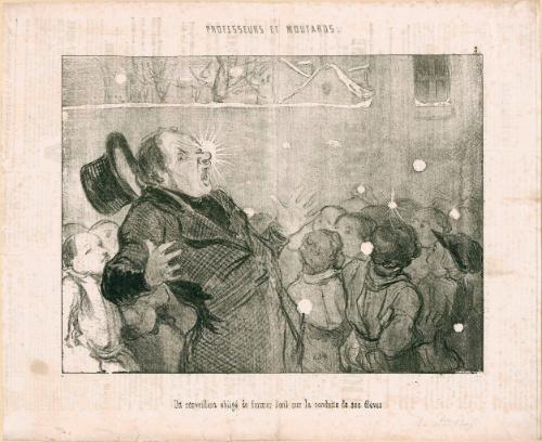 Un surveillant obligé de fermer l’oeil sur la conduite de ses élèves. 
[A teacher who is being obliged to turn a blind eye to the conduct of his students.]
from the series Professeurs et Moutards [Teachers and Students], number 5, published in Le Charivari