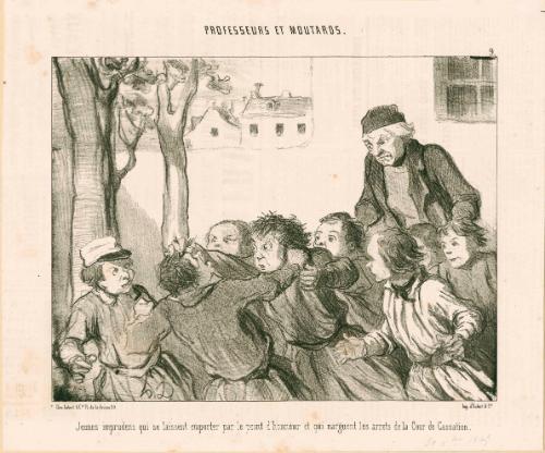 Jeunes imprudens qui se laissent emporter par le point d’honneur et qui narguent les arrêts de la Cour de Cassation. 
[Rash young students who are fighting over a point of honor and who snap their fingers at the supreme court.]
from the series Professeurs et Moutards [Teachers and Students], number 9, published in Le Charivari