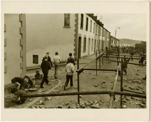 Roman Catholics set up street barricades to keep army trucks out, Londonderry, Northern Ireland