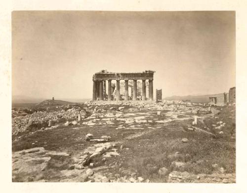 Plate 18: General view of the summit of the Acropolis, from the extreme eastern point, showing the Erechtheum at the right, and in the distance, at the left, the Egean [sic]. The Parthenon occupies the centre. from The Acropolis of Athens Illustrated Picturesquely and Architecturally in Photography