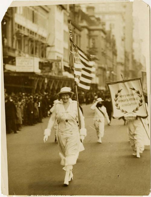 Mrs. Herbert S. Carpenter, Marshall, Leading the New York State Division in the Suffragists Parade on Fifth Avenue, New York, October 23rd
