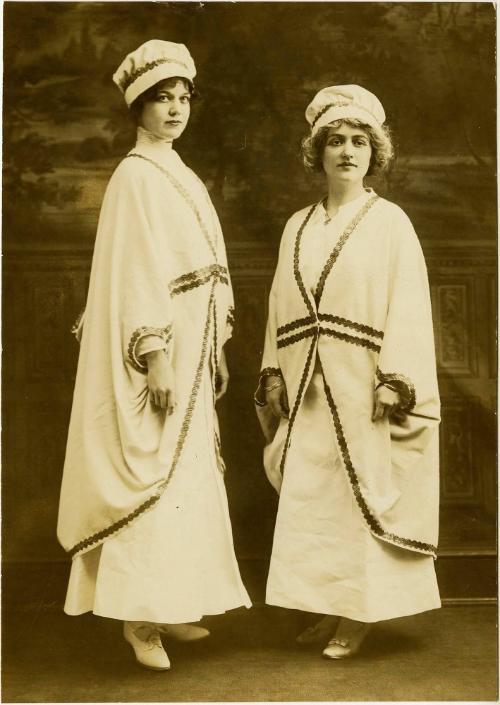 Left to right: Miss Hurst and Miss Stahl in light blue costumes to be worn in the Suffragette Pageant