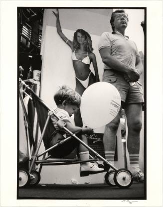 Boy with balloon and bikini poster